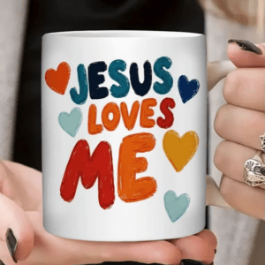 11oz Jesus Loves Me Christian Ceramic Mug with Colorful Heart, Song& Scripture Design