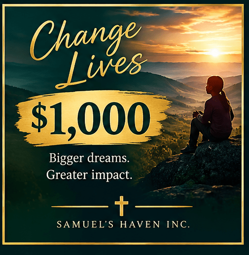 "Promotional graphic highlighting $1,000 donation impact on lives, featuring a child sitting on a rock with a scenic sunset backdrop."