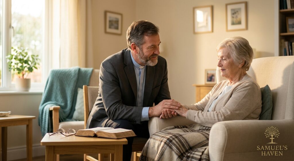 A caring conversation between a man and an elderly woman in a cozy living room. Their connection highlights compassion and support in a serene setting.