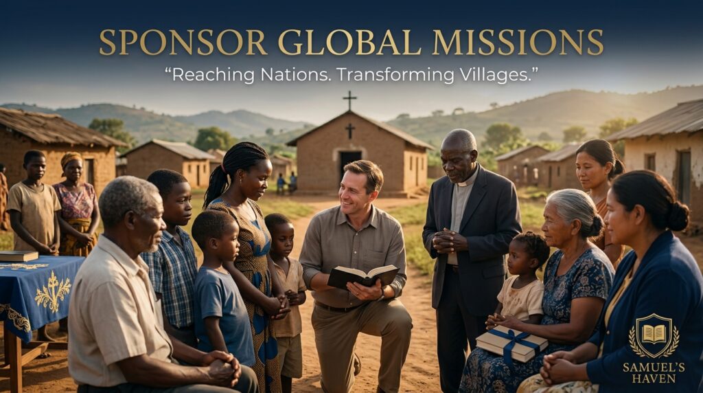 A group of diverse individuals gathers outdoors around a man holding a book, symbolizing community engagement in global missions.