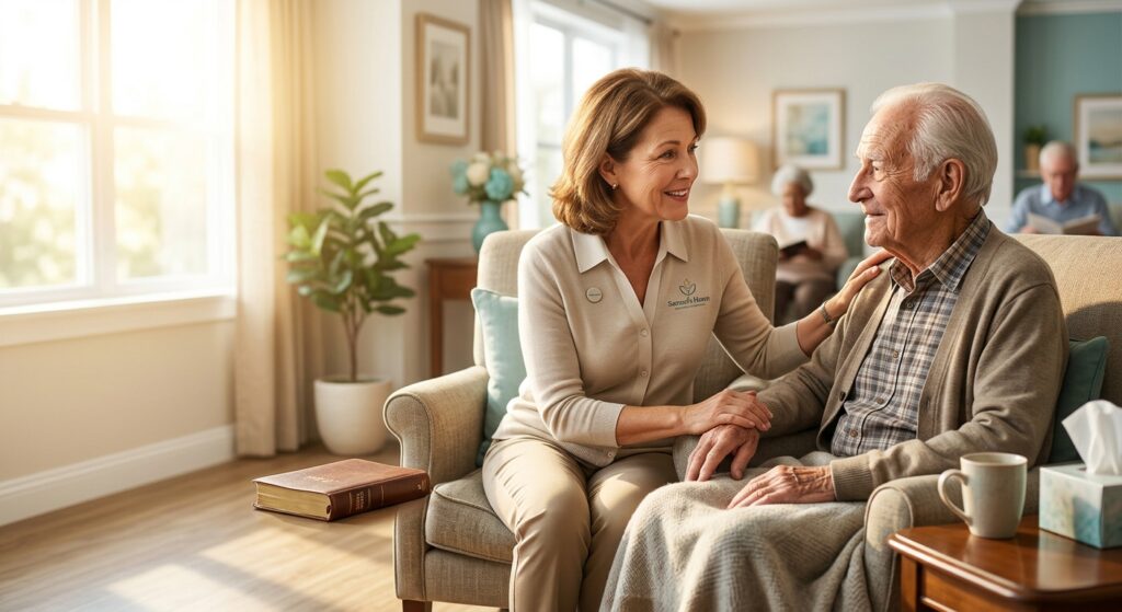 A caregiver warmly engages with an elderly man in a cozy living space, promoting a sense of companionship and support in senior care.