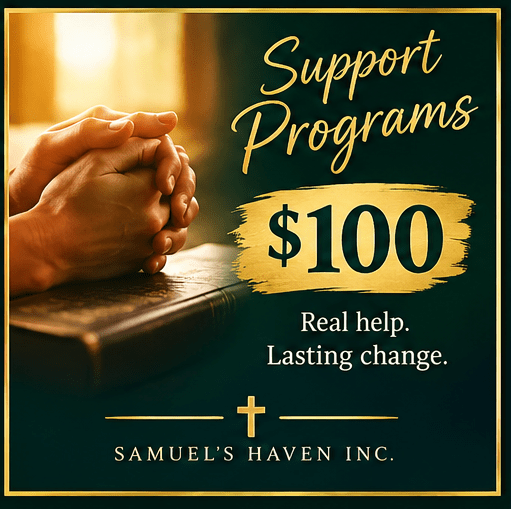 Hands clasped in prayer convey support, encouraging donations of $100 for lasting change through Samuel’s Haven Inc.