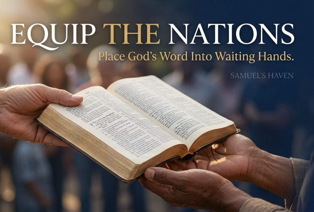 Open Bible is passed between two hands, symbolizing the mission to share God's Word. Text promotes equipping nations with scripture.